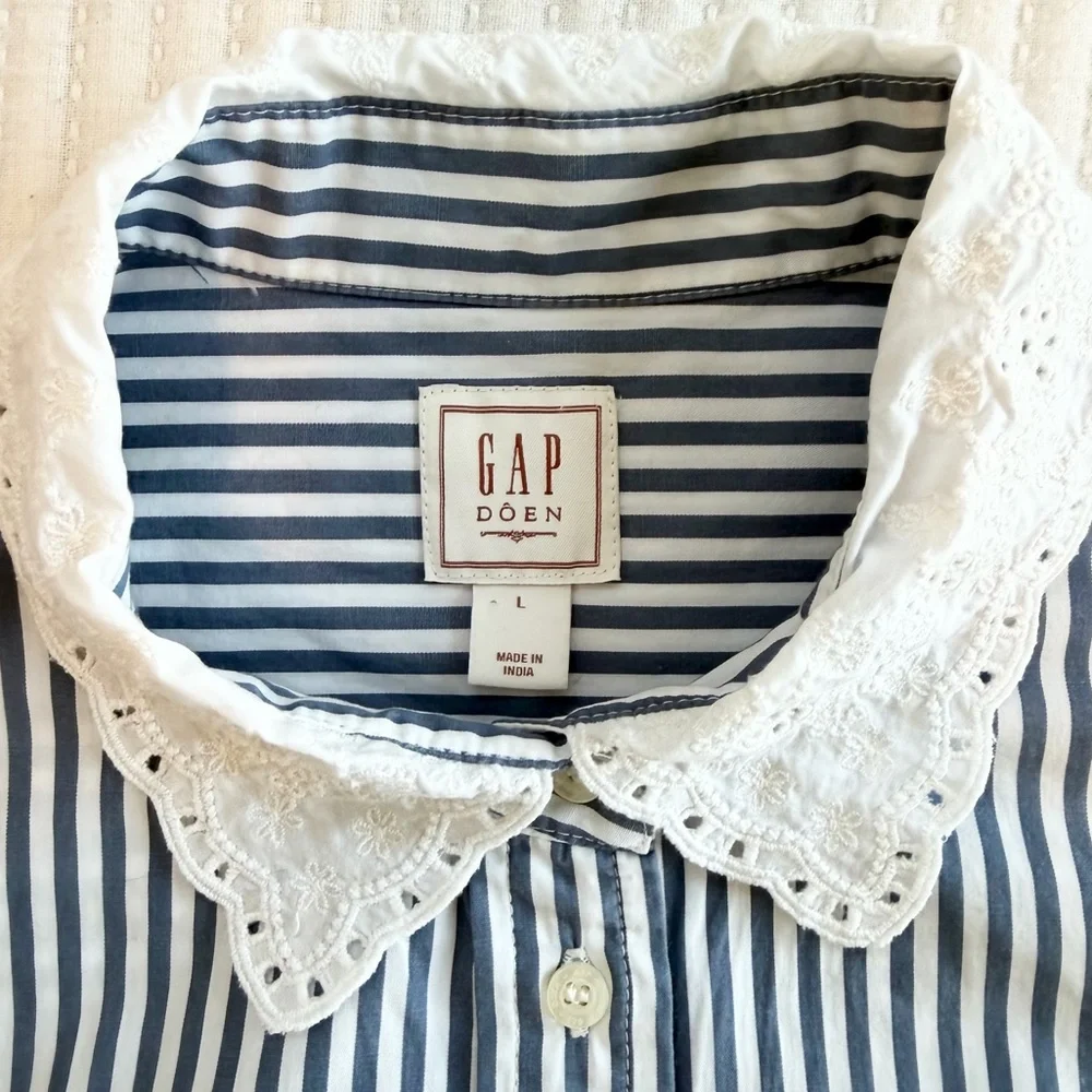 Gap x DÔEN Blue Striped Button Down Shirt with Eyelet Lace Collar - Picture 6 of 10